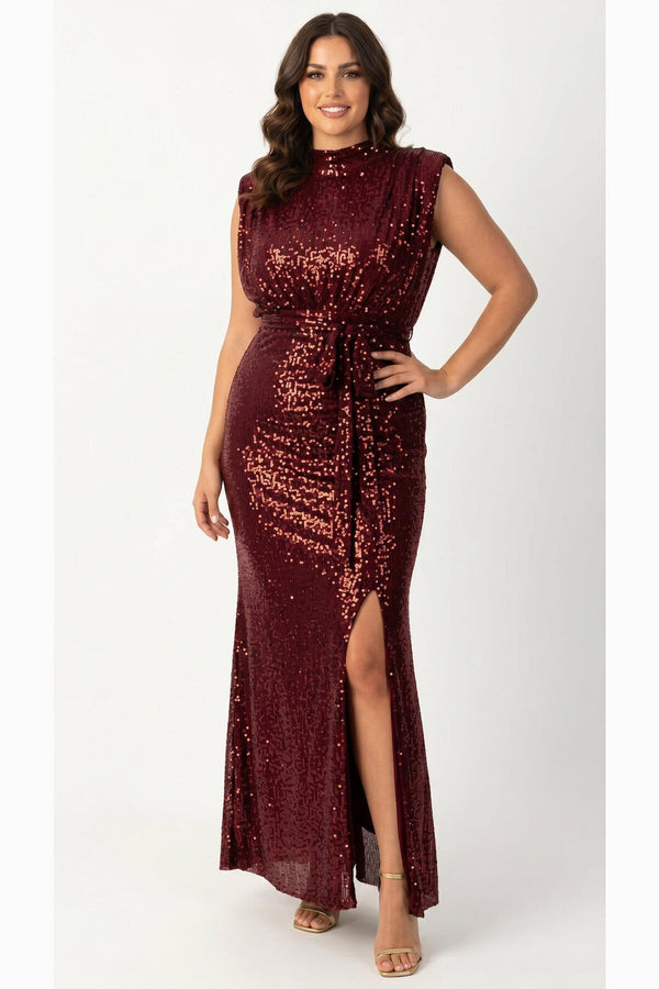 Plus‑Size Mouwloze Pailletten Maxi‑Jurk – Bordeaux
