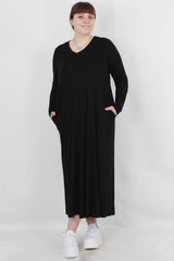Große Größen, Lockeres Langarmkleid Mit Rundhalsausschnitt — Schwarz