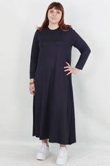 Plus - Size Losvallende Jurk Met Lange Mouwen En Ronde Hals — Marineblauw