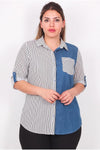 Plus - Size Striped Shirt With Pocket & Denim Detail — Off - White