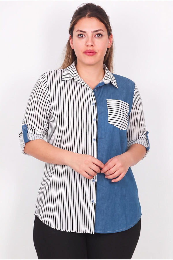 Plus - Size Striped Shirt With Pocket & Denim Detail — Off - White