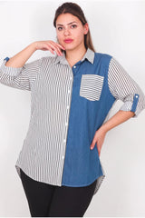 Plus - Size Striped Shirt With Pocket & Denim Detail — Off - White