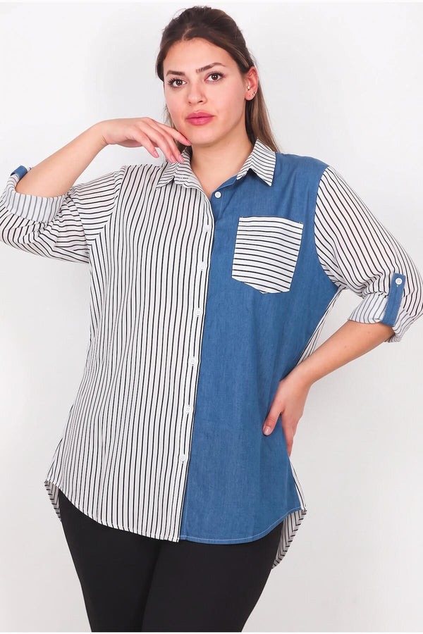 Plus - Size Striped Shirt With Pocket & Denim Detail — Off - White