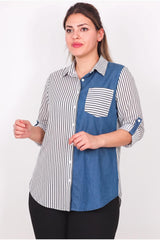 Plus - Size Striped Shirt With Pocket & Denim Detail — Off - White