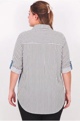 Plus - Size Striped Shirt With Pocket & Denim Detail — Off - White
