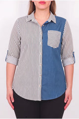 Plus - Size Striped Shirt With Pocket & Denim Detail — Off - White