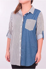 Plus - Size Striped Shirt With Pocket & Denim Detail — Off - White