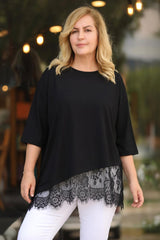 Plus‑Size Blouse Met Kanten Zoom — Zwart