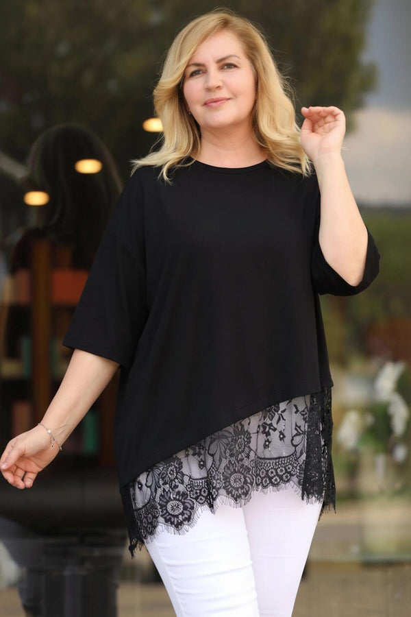 Plus‑Size Blouse Met Kanten Zoom — Zwart