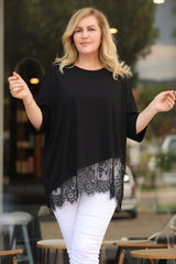 Plus‑Size Blouse Met Kanten Zoom — Zwart