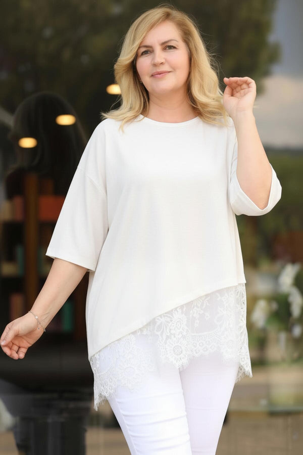 Plus‑Size Blouse Met Kanten Zoom — Wit