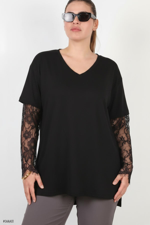 Blouse Met Kanten Mouwen — Zwart — Grote Maten