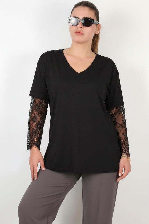 Blouse Met Kanten Mouwen — Zwart — Grote Maten