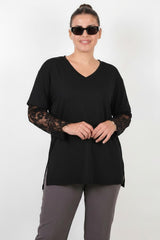 Blouse Met Kanten Mouwen — Zwart — Grote Maten