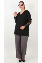 Blouse Met Kanten Mouwen — Zwart — Grote Maten