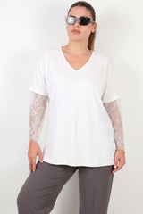 V - Hals Blouse Met Kanten Mouwen – Grote Maten, Wit