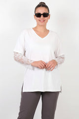 V - Hals Blouse Met Kanten Mouwen – Grote Maten, Wit