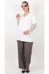 V - Hals Blouse Met Kanten Mouwen – Grote Maten, Wit