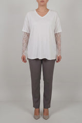 V - Hals Blouse Met Kanten Mouwen – Grote Maten, Wit