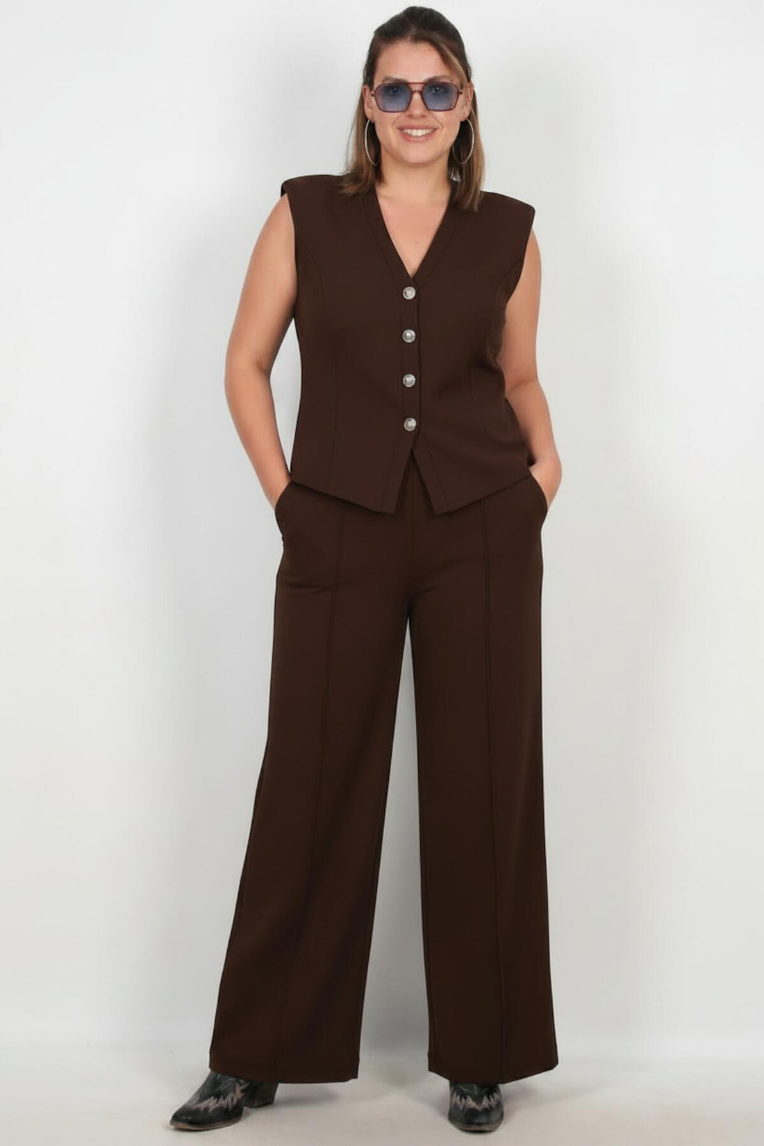 Giletset Met V‑Hals — Bruin — Grote Maten