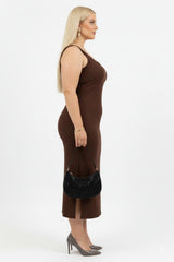 Plus - Size Mouwloze Jurk Met Vierkante Hals - Bruin