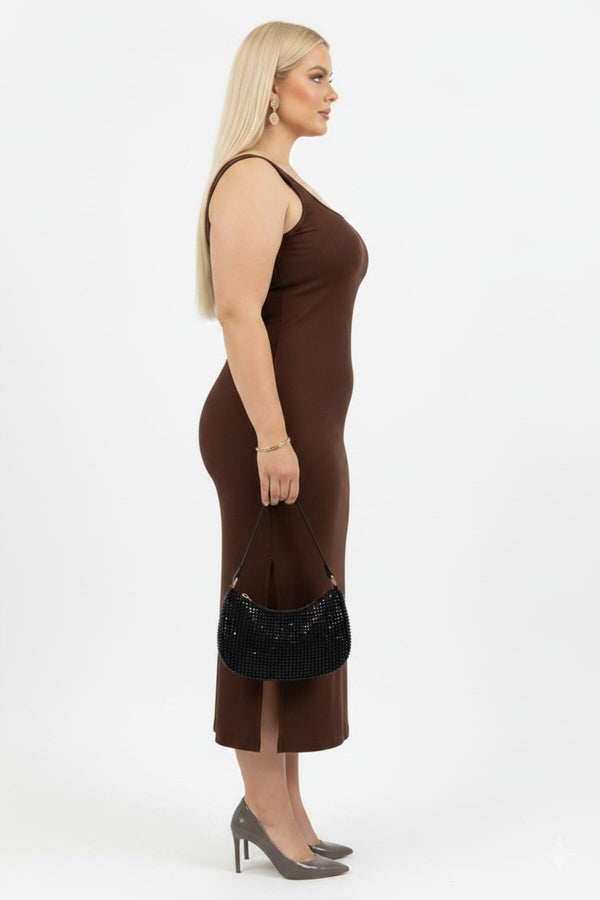 Plus - Size Mouwloze Jurk Met Vierkante Hals - Bruin