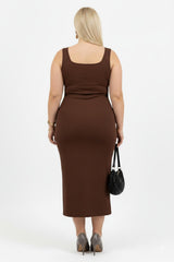 Plus - Size Mouwloze Jurk Met Vierkante Hals - Bruin
