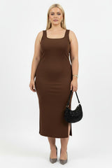 Plus - Size Mouwloze Jurk Met Vierkante Hals - Bruin