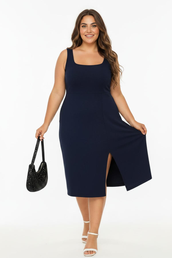 Plus - Size Mouwloze Jurk Met Vierkante Hals — Donkerblauw