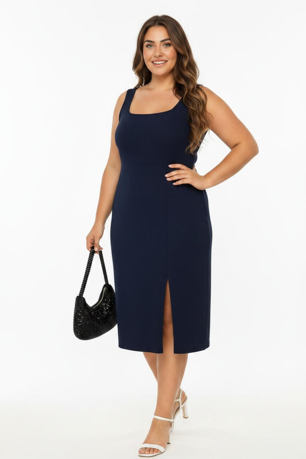Plus - Size Mouwloze Jurk Met Vierkante Hals — Donkerblauw