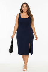 Plus - Size Mouwloze Jurk Met Vierkante Hals — Donkerblauw