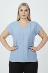 V - Hals Blouse – Grote Maten, Blauw