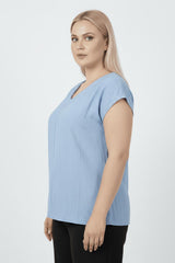 V - Hals Blouse – Grote Maten, Blauw