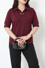 Plus - Size Blouse Met Parelkragen — Bordeaux