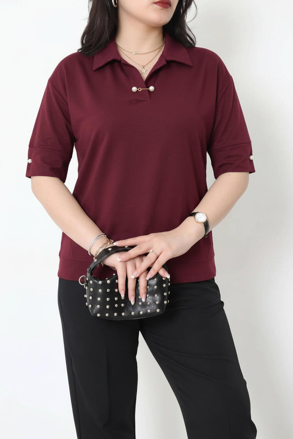 Plus - Size Blouse Met Parelkragen — Bordeaux