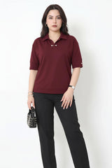 Plus - Size Blouse Met Parelkragen — Bordeaux