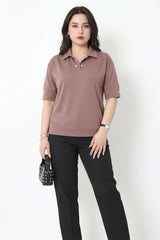 Plus‑Size Blouse Met Parelkrage — Taupe