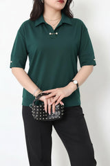 Blouse Met Parelkraag, Grote Maat — Smaragdgroen
