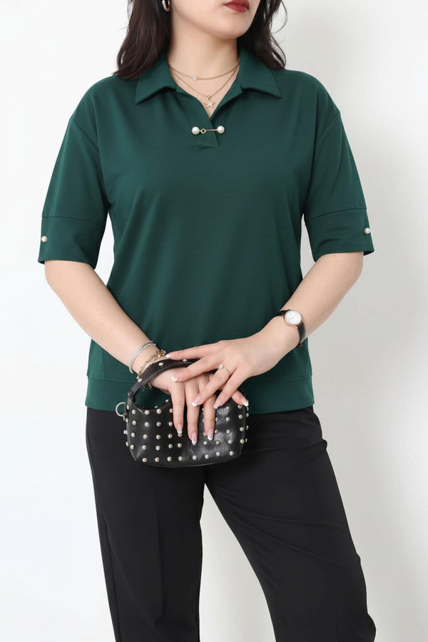 Blouse Met Parelkraag, Grote Maat — Smaragdgroen