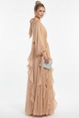 Bouclé - Abendkleid Mit Langen Ärmeln – Beige