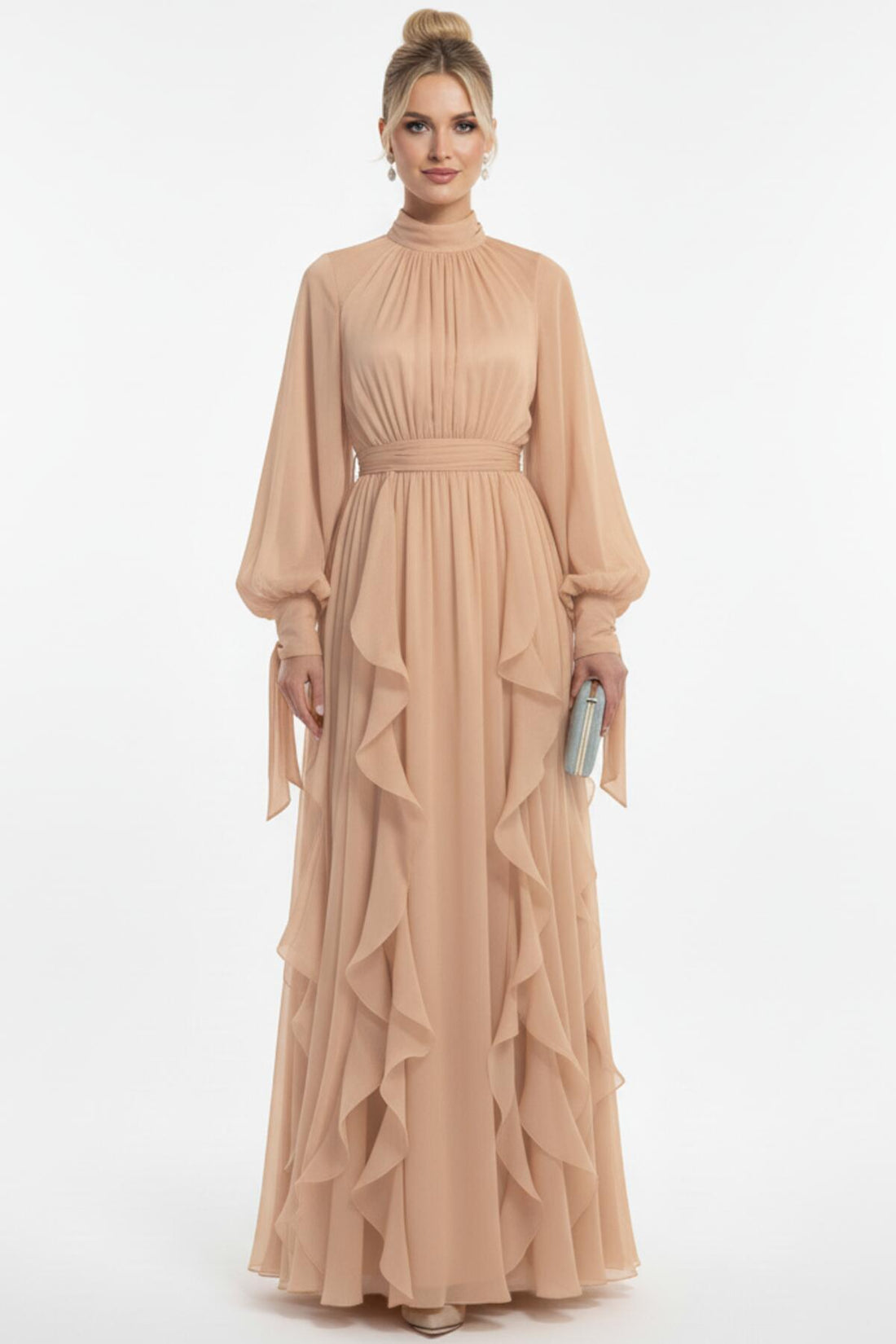 Bouclé - Abendkleid Mit Langen Ärmeln – Beige