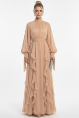 Bouclé - Abendkleid Mit Langen Ärmeln – Beige