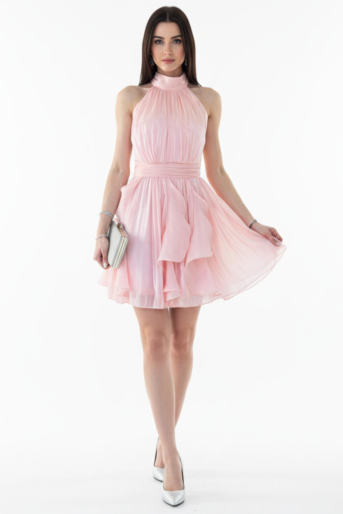 Bouclé - Kurzkleid Mit Halsbindeband, Puderrosa