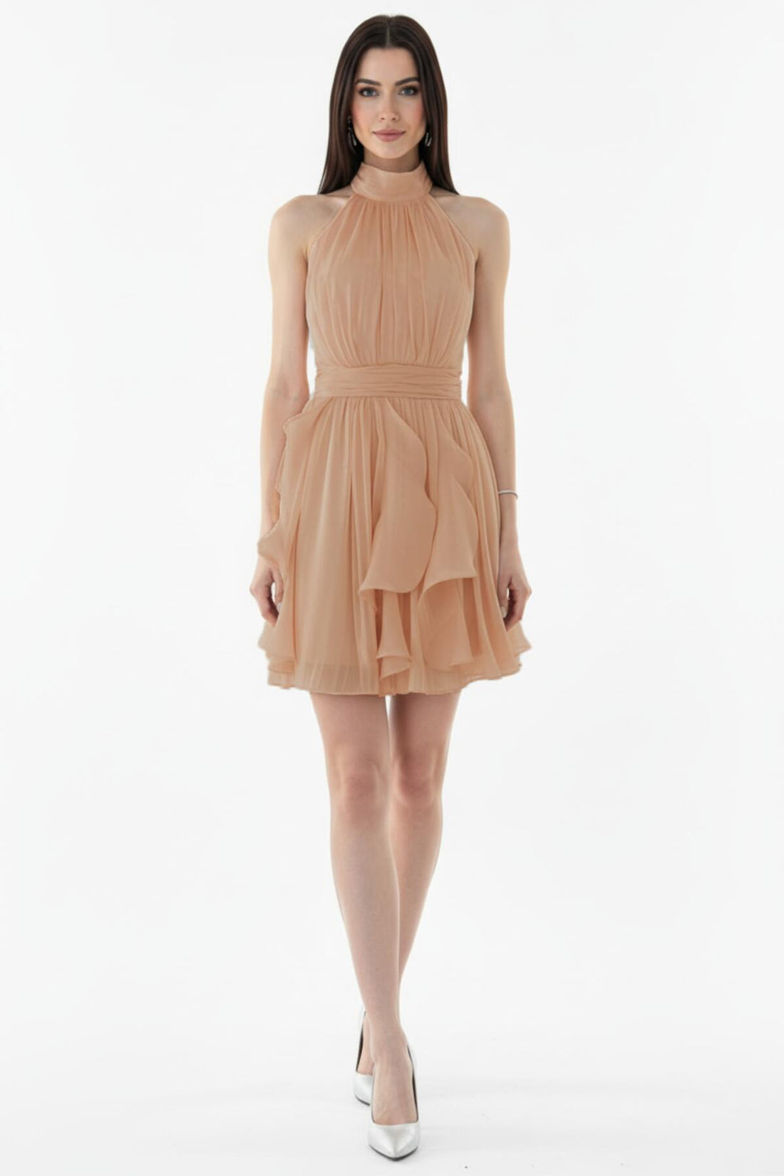 Bouclé - Kurzkleid Mit Halsbindung — Beige