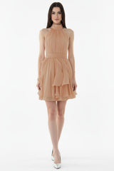 Bouclé - Kurzkleid Mit Halsbindung — Beige