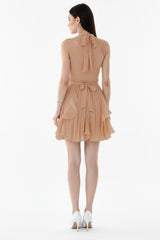 Bouclé - Kurzkleid Mit Halsbindung — Beige