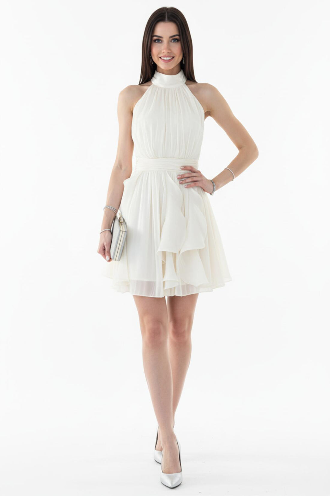 Bouclé - Kurzkleid Mit Halsbindung — Ecru