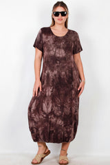 Plus‑Size Kleid Kurzarm Mit Druckknopf Am Saum — Braun