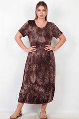 Plus‑Size Kleid Kurzarm Mit Druckknopf Am Saum — Braun