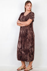 Plus‑Size Kleid Kurzarm Mit Druckknopf Am Saum — Braun